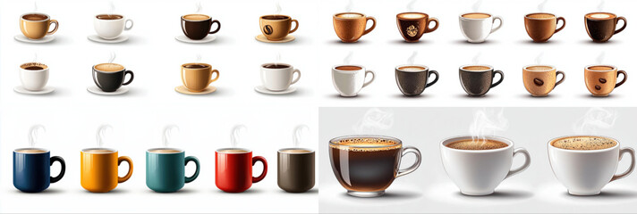 A set of cup of coffee and tea-themed icons on a white background