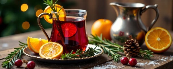 Richly spiced mulled wine in a vintage metal jug with sliced oranges and rosemary branches on a festive wintery table setting , christmas table setting, candles, evergreen branches