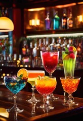 vibrant display colorful beverage combinations featuring unique glassware artistic presentation creative arrangements, drink, dynamic, mixture, liquid