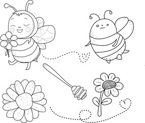 bee and flowers hand drawn