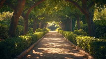 Obraz premium Sunlit path through park trees, leading to a distant vista