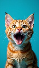 Obraz premium Shocked feline face with open mouth on bright blue background, shocked cat, animal reaction, colorful background
