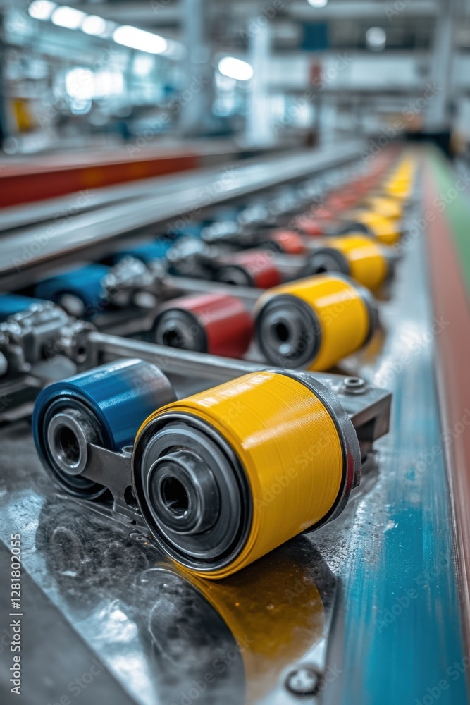 Poster colorful industrial rollers on a production line showcasing precision engineering and manufacturing 