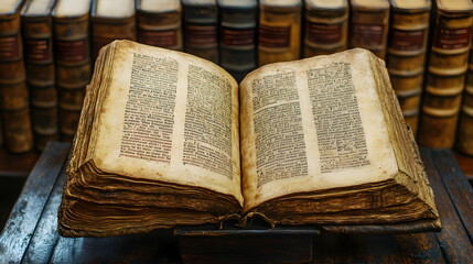 Obraz premium Open antique book on stand, library background, history research