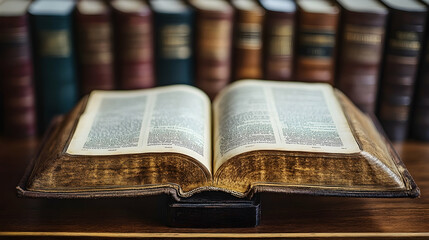 Obraz premium Open antique book on wooden desk, library background; education, reading, research