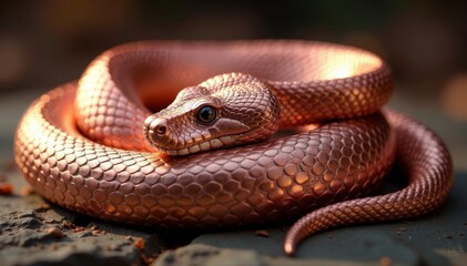 Fototapeta premium Snake wrapped around metallic rose gold animal print, metallic rose gold, animal design, design motif