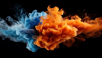 abstract orange and blue smoke clouds collide on black background