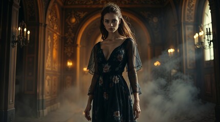 Fototapeta premium Woman in flowing black dress amid smoky ornate hallway