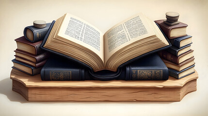 Obraz premium Open antique book on wooden stand, surrounded by books, study background, education concept