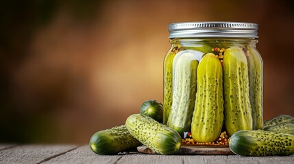 Fresh cucumbers preserved in a jar with spices on a wooden surface against a blurred background