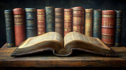 Open antique book on wooden table, aged books background, knowledge, education