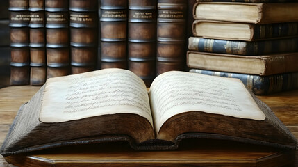 Open antique book on wooden table, old books background, library setting, historical research
