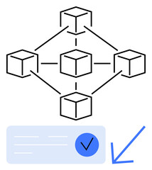 Obraz premium Networked cubes representing blockchain nodes connected by lines, with a blue checkmark indicating verification. Ideal for cryptocurrency, digital currency, data security, distributed ledger