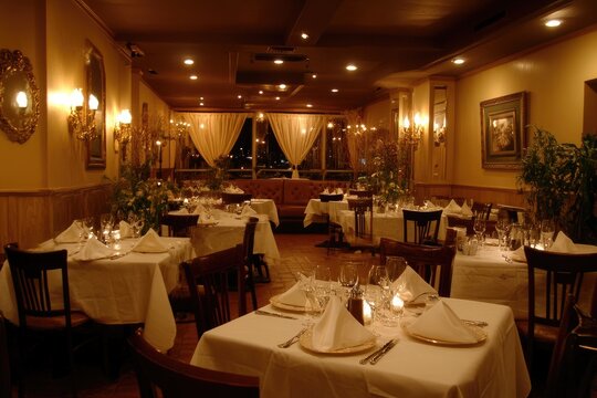 Fine - dining restaurant with gold - accented decor, gourmet plates, and ambient lighting