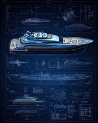 Elegant yacht schematic showing intricate structural details, from hull construction to entertainment areas, meticulously rendered in crisp blue tones