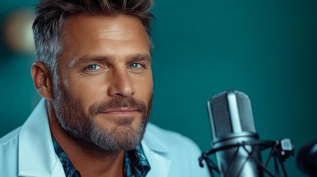 Engaging male speaker in a studio setting sharing insights on a health topic during a podcast recording session