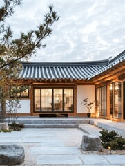 Obraz premium A traditional Korean courtyard showcasing a Japanese home and garden layout