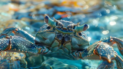 Stunning Closeup of a Vibrant Blue Crab in Crystal Clear Water