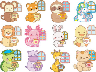 Obraz premium Set Vector Stock Illustrations Isolated of Baby Animals. Cute animals with various activities. Funny sticker of animal kids.