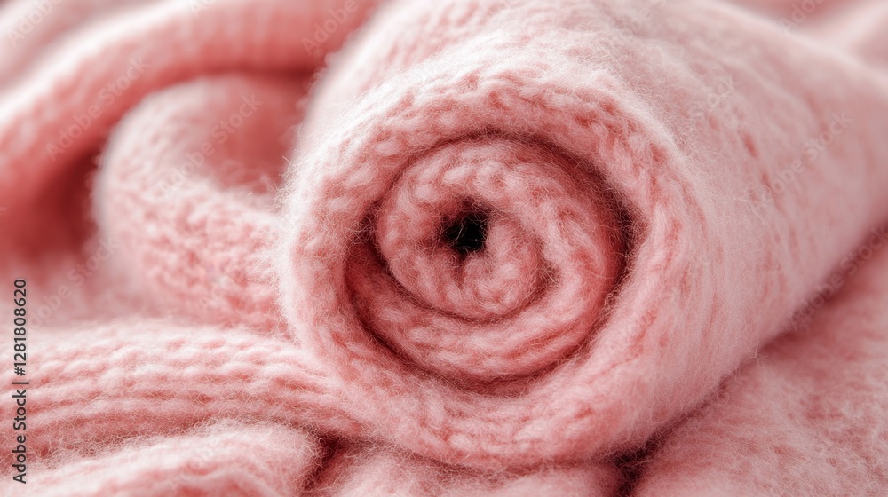 Poster cozy pink knitted wool fabric rolled up in a spiral soft texture close up macro shot with shallow de