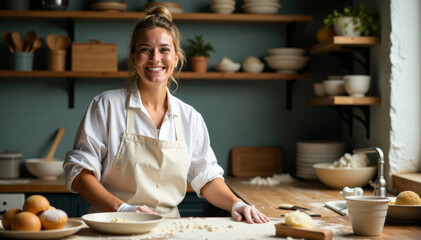 Warm smile on a baker's face in a white apron amidst flour and sweet treats, baking, baker, bakery