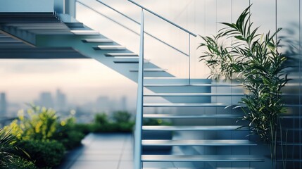 Obraz premium Modern Rooftop Staircase with City View
