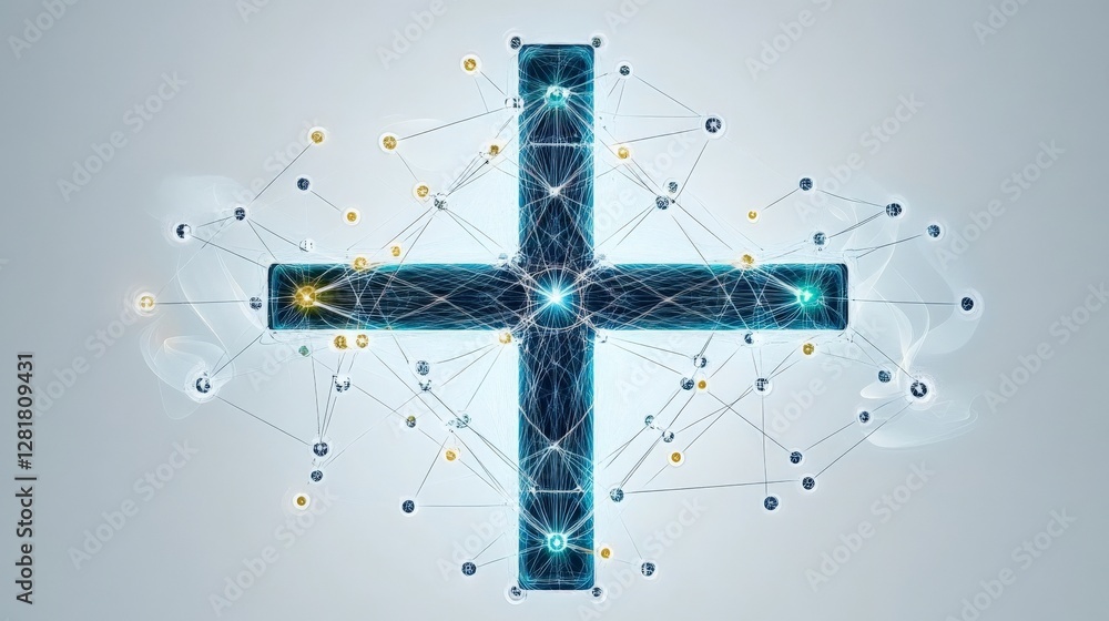 Poster digital cross with network connections and glowing elements