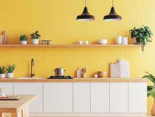 A modern kitchen interior with bright yellow walls and lighting