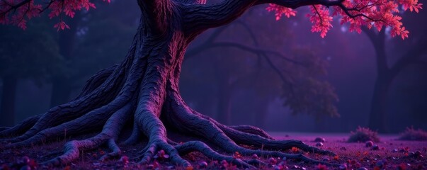 Weathered tree trunk with gnarled roots and twisted branches in a dark purple environment, earthy, purple hue, branch pattern