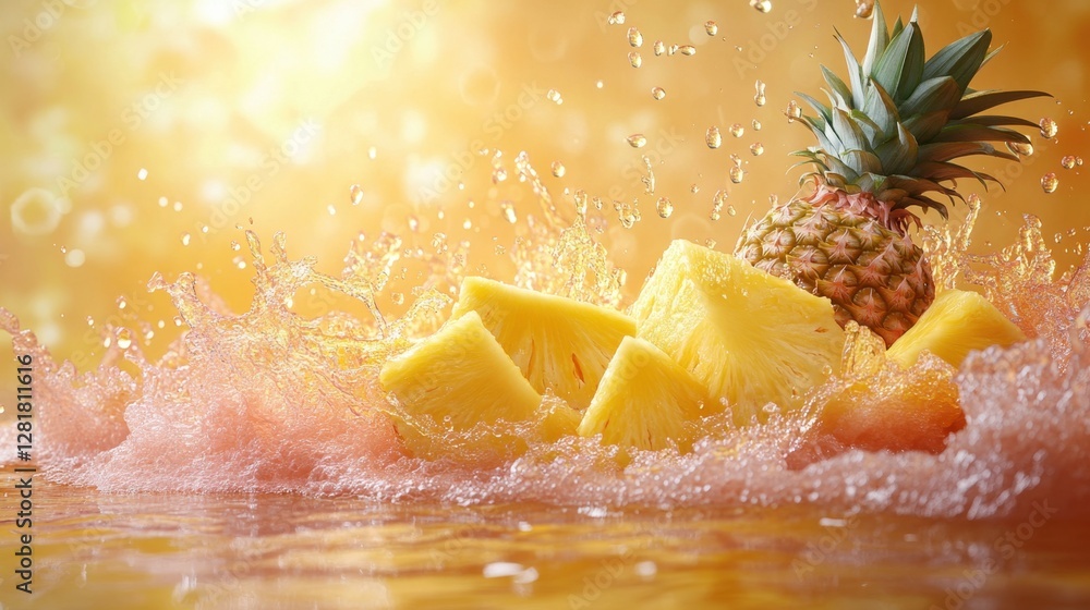 Poster pineapple slices in refreshing splash on bright background capturing tropical freshness and vibrant 