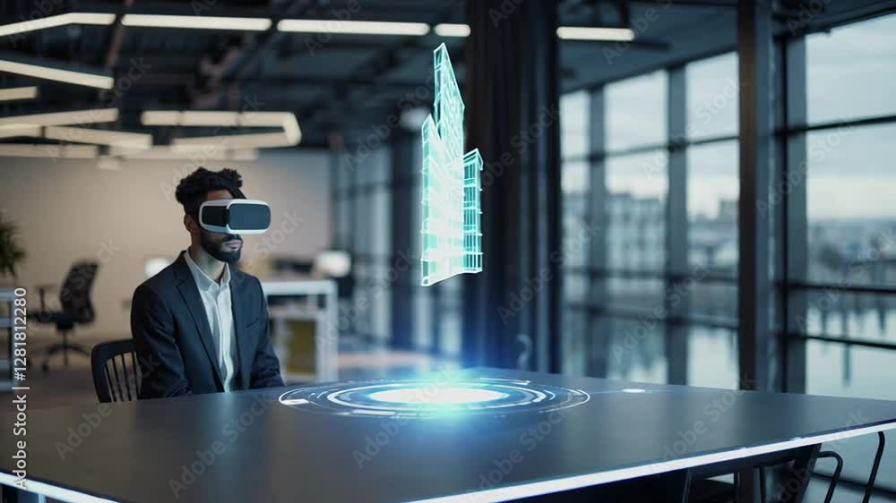Poster Professional architect wearing advanced vr headset, interacting with immersive 3d building model projection in augmented reality visualization at modern office workspace