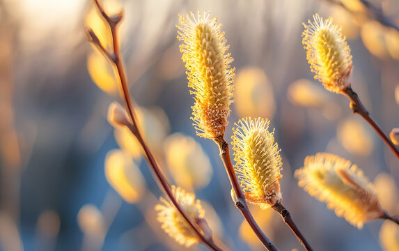 A close-up of willow catkins gently swaying in the warm spring breeze, highlighting nature’s subtle details