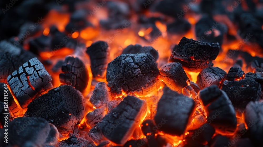 Poster mesmerizing close up of glowing hot embers and charred wood creating a warm and intense visual exper