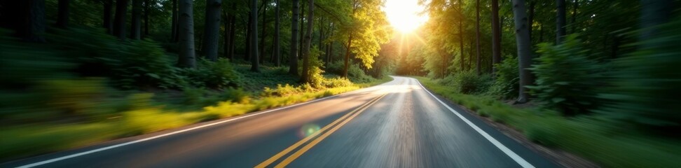 Fototapeta premium Vehicle speeding on winding forest road with motion blur effect , autumn leaves, forest road, winding road