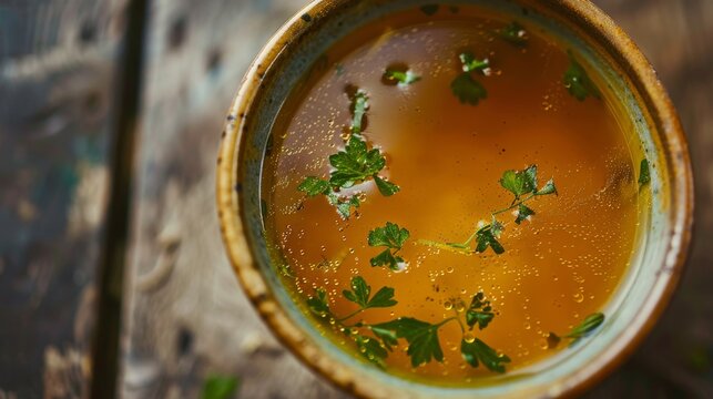Fresh bone broth with parsley in ceramic bowl on rustic wooden table