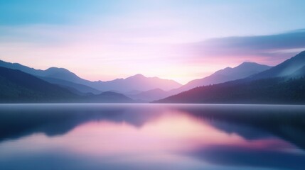 Serene Sunset Over Calm Lake With Mountain Reflections at Dusk