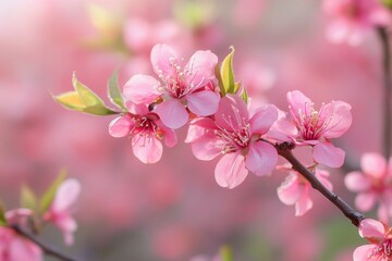 Delicate pink blossoms on a branch in soft focus evoke springtime serenity and natural beauty in a dreamy floral scene