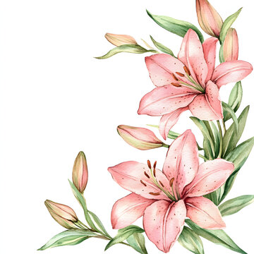Oriental Lily Corner frame of watercolor, with minimal details and a simple illustration. Floristic design elements for floristics, Greeting card, Floral print, Plant painted background, Watercolour.