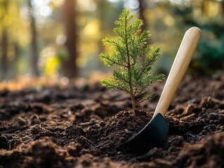 Planting sapling, forest background, reforestation