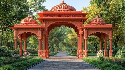 Obraz premium Ornate terracotta archway provides a stunning entrance to lush gardens