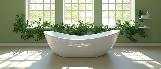 Fototapeta premium Gently drift into a zen-like state within this garden villa spa bathroom, orchestrated around luminous white walls and floors. A sleek, welcoming tub stands gracefully, accompanied by minimal 