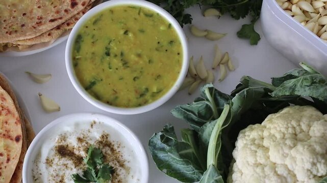 A plate of Gobi paratha with dal fry and curd in bowls, surrounded by cauliflower, coriander leaves, and garlic
