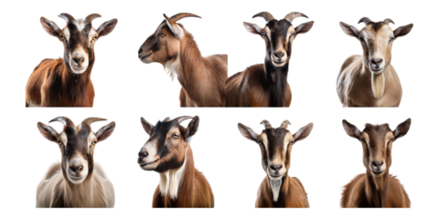 Diverse Goats Portraits Collection, PNG collection, set bundle, isolate on transparent or white background