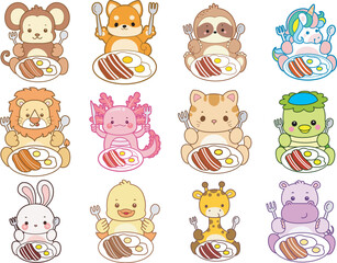Fototapeta premium Set Vector Stock Illustrations Isolated of Baby Animals. Cute animals with various activities. Funny sticker of animal kids.