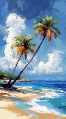 Naklejka premium Serene tropical beach painting with palm trees azure sea and fluffy clouds creating a peaceful vacation vibe evoking wanderlust and relaxation