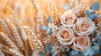 Peach roses bouquet, wheat field, sunset, wedding, rustic