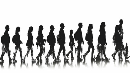 People walking city street, monochrome silhouettes, urban background, website illustration