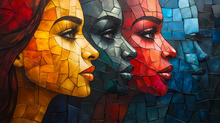 Abstract Multicultural Faces Mosaic with Watercolor Patterns and Empowerment Quote Space on White Background