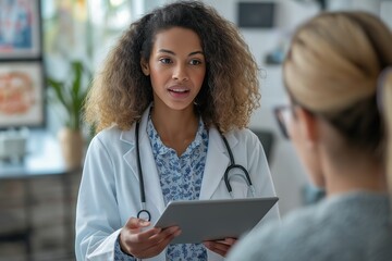 Healthcare professional in white coat consulting patient while holding digital tablet during cold season checkup in modern clinic