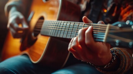 Fototapeta premium Musician playing acoustic guitar, close up on hands and fretboard